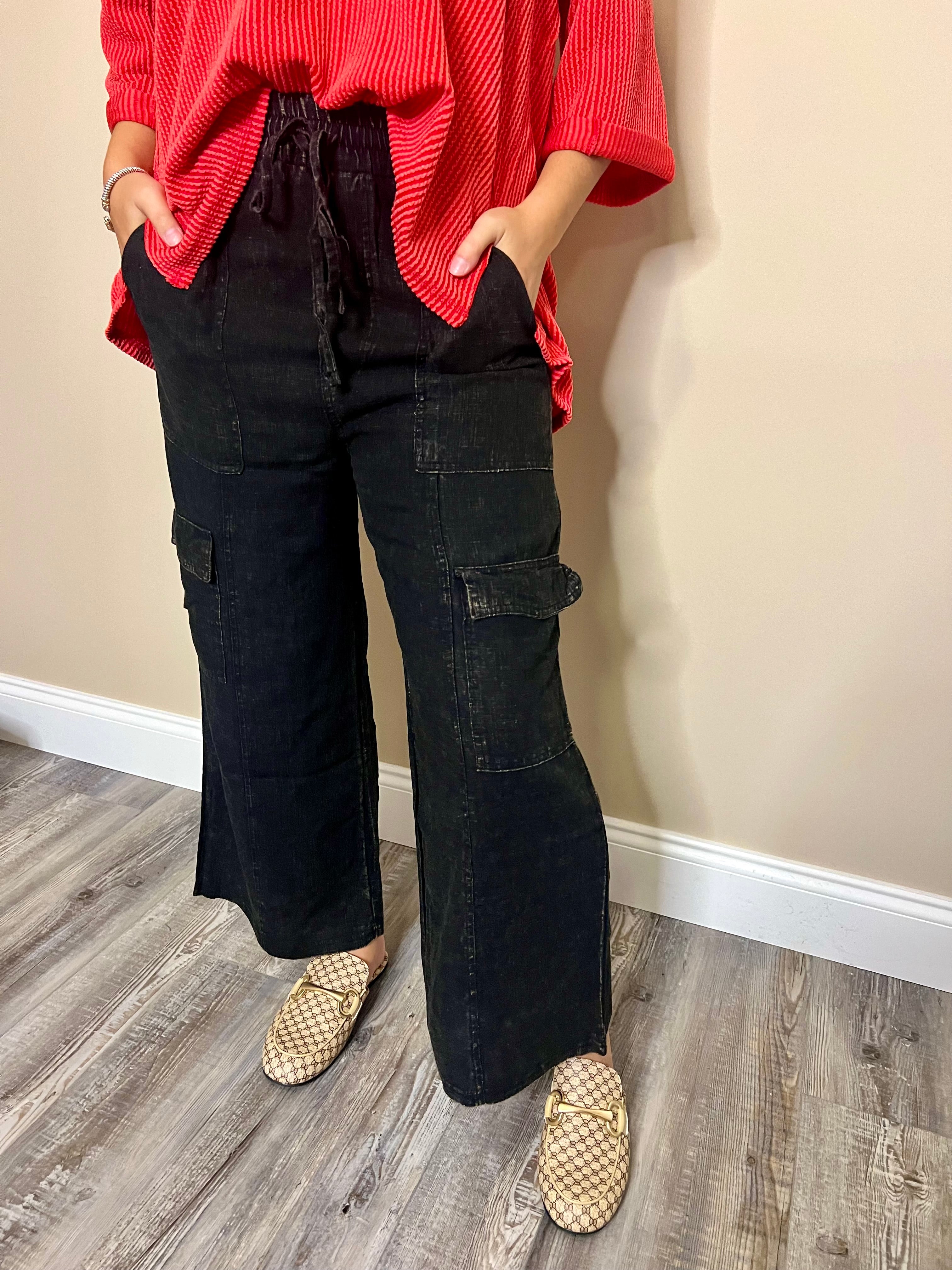 Linen Cargo Pants I Black