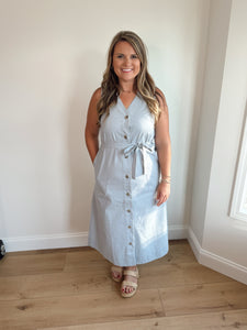 Sky Blue Button Front Midi Dress
