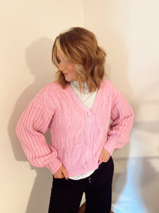 Cable Knit Puff Sleeve Cardigan