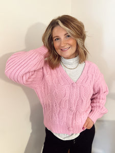 Cable Knit Puff Sleeve Cardigan